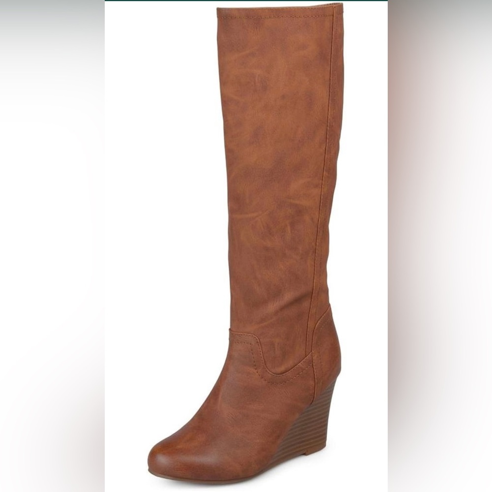 Brinley Co. Womens  Wide Calf Round Toe Faux Leather Mid-calf Wedge